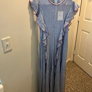 Cornflower Blue Wiggy Kit Ruffle Maxi Dress with Red Trim   Side ties